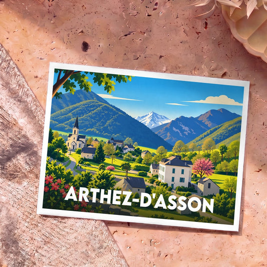 Carte postale souvenir de la ville d'Arthez-d'Asson illustrant un paysage de montagne pittoresque.