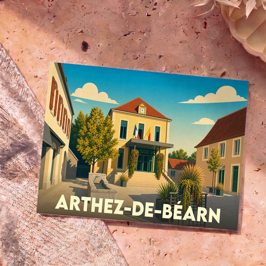 Carte postale souvenir de la ville d'Arthez-de-Béarn avec une illustration stylisée de sa place principale.