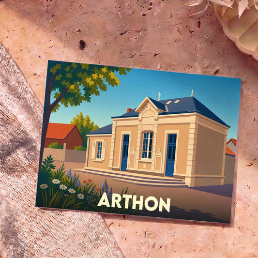Carte postale souvenir de la ville de Arthon avec une illustration stylisée de sa mairie.