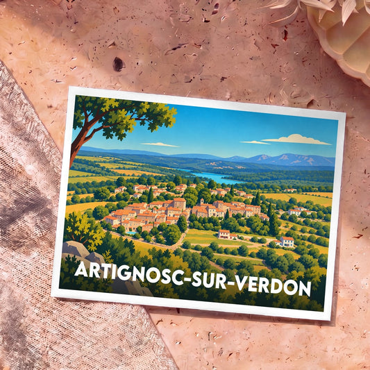 Carte postale souvenir de la ville de Artignosc-sur-Verdon avec une illustration stylisée de son paysage provençal.