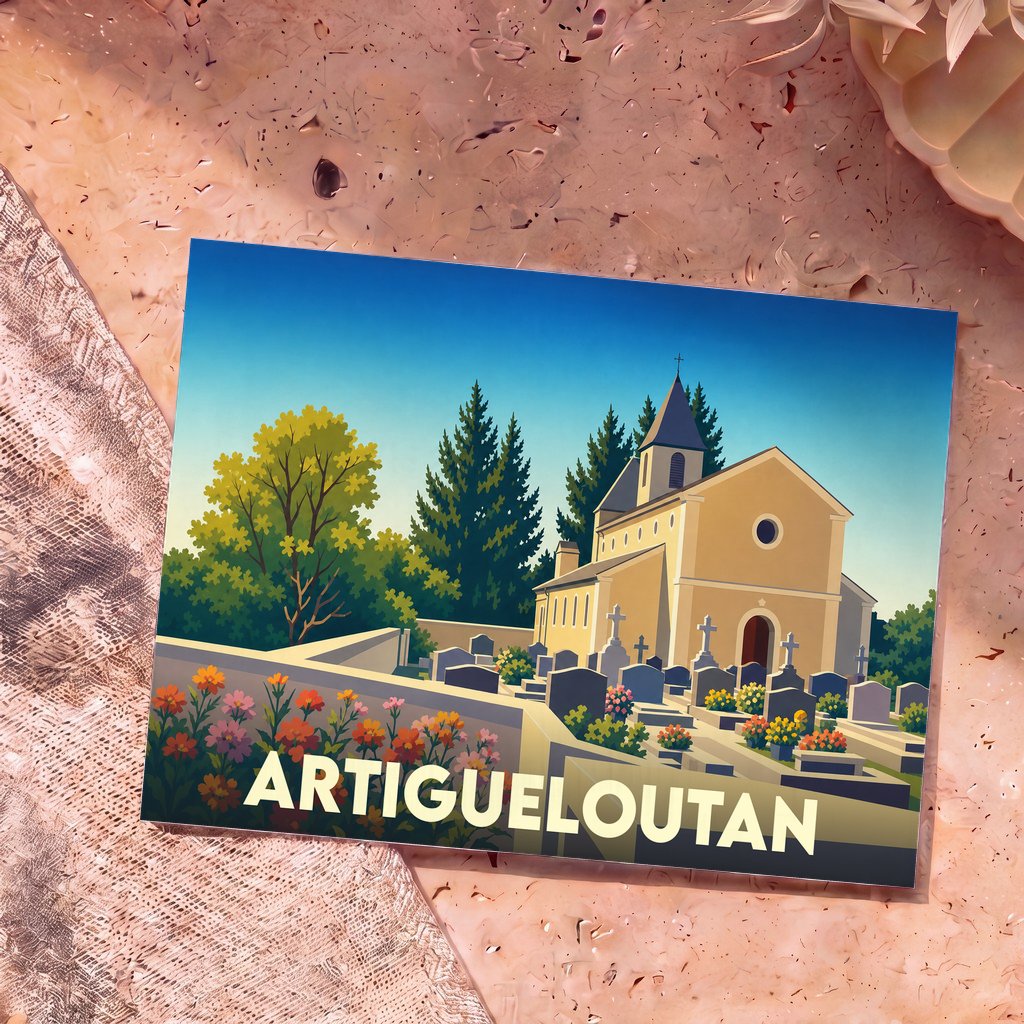 Carte postale souvenir de la ville de Artigueloutan avec une illustration stylisée de son église et de son cimetière.