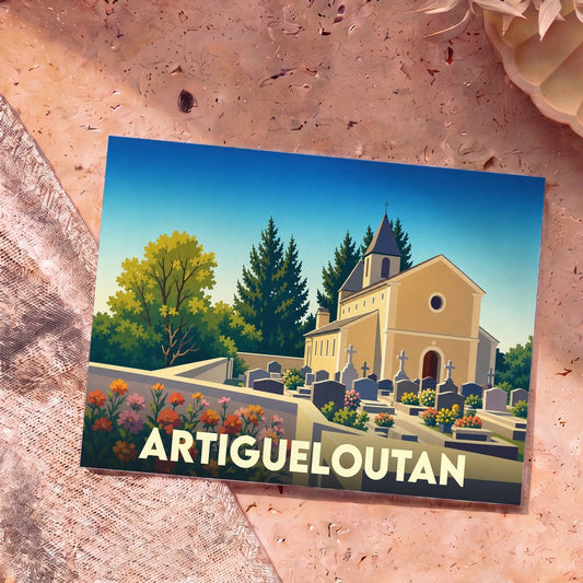 Carte postale souvenir de la ville de Artigueloutan avec une illustration stylisée de son église et de son cimetière.