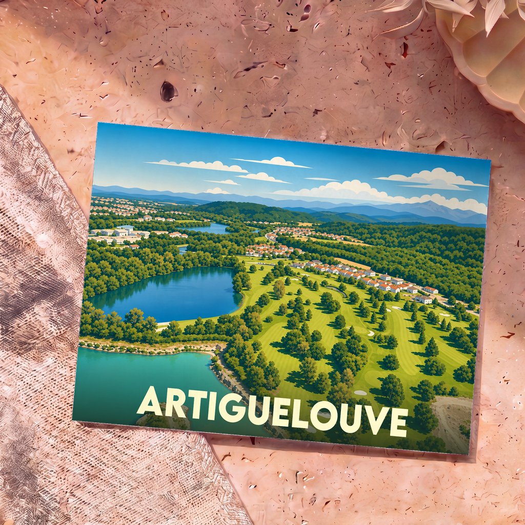 Carte postale souvenir de la ville d'Artiguelouve avec une illustration stylisée de ses paysages verdoyants et de ses lacs.