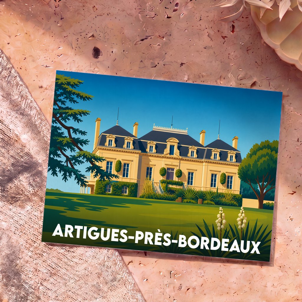 Carte postale souvenir de la ville d'Artigues-près-Bordeaux avec une illustration stylisée d'un château.