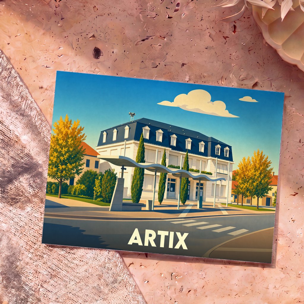 Carte postale souvenir de la ville d'Artix illustrant l'hôtel de ville dans un style graphique épuré.