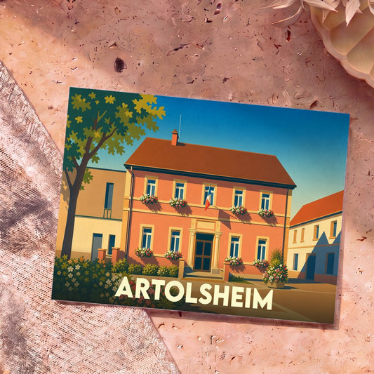 Carte postale souvenir de la ville d'Artolsheim illustrant sa mairie fleurie dans un style graphique épuré.