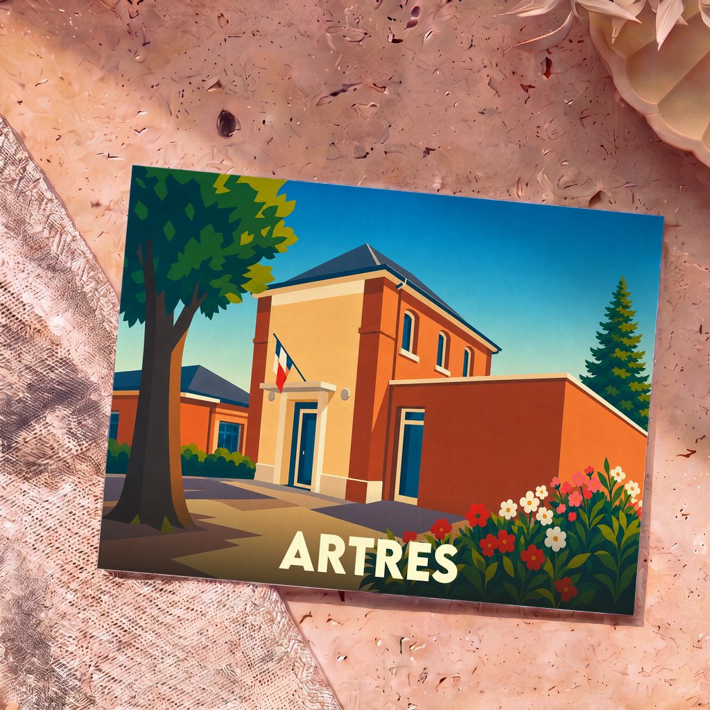 Carte postale souvenir de la ville de Artres illustrant sa mairie dans un style graphique épuré.