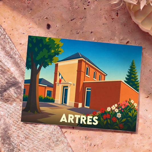 Carte postale souvenir de la ville de Artres illustrant sa mairie dans un style graphique épuré.