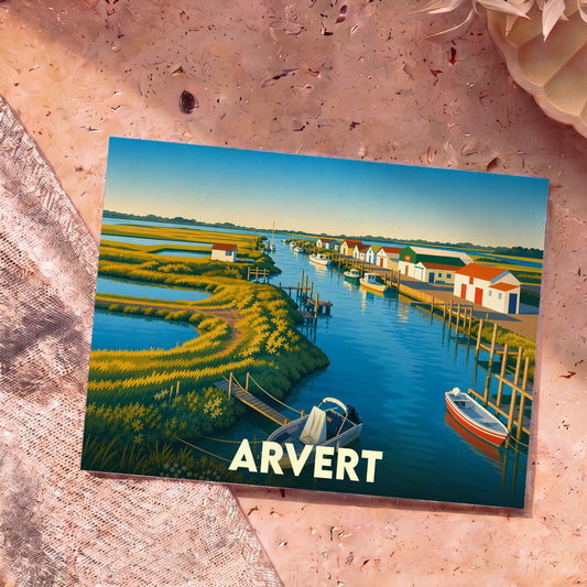 Carte postale souvenir de la ville d'Arvert présentant une illustration stylisée d'un port ostréicole coloré.