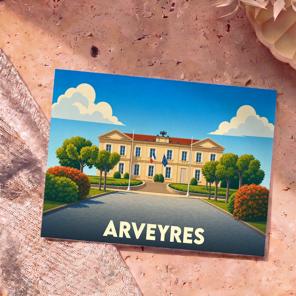 Carte postale souvenir de la ville d'Arveyres avec une illustration stylisée de sa mairie sous un ciel bleu.