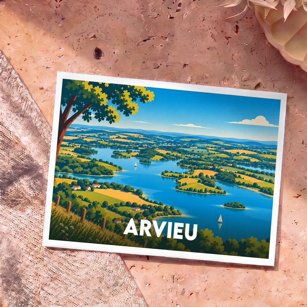 Carte postale souvenir de la ville d'Arvieu avec une illustration stylisée de son lac et de ses paysages vallonnés.