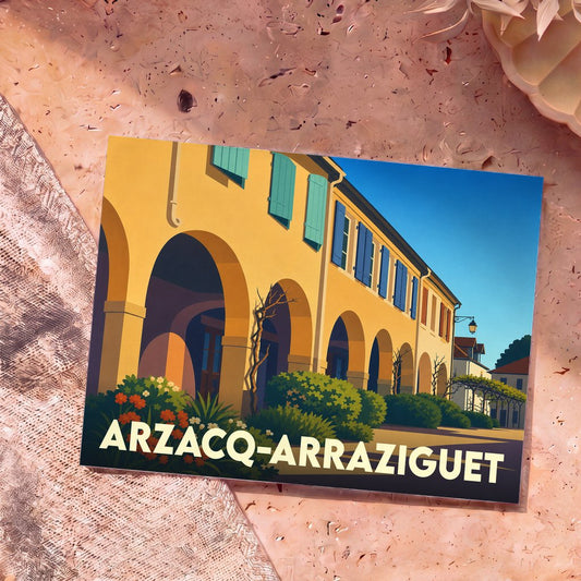 Carte postale souvenir d'Arzacq-Arraziguet illustrant ses arcades traditionnelles dans un style graphique épuré.