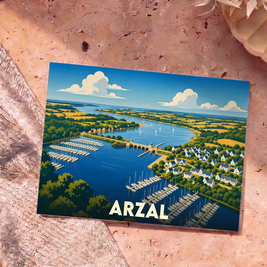 Carte postale souvenir de la ville d'Arzal avec une illustration stylisée de son port et de son barrage.