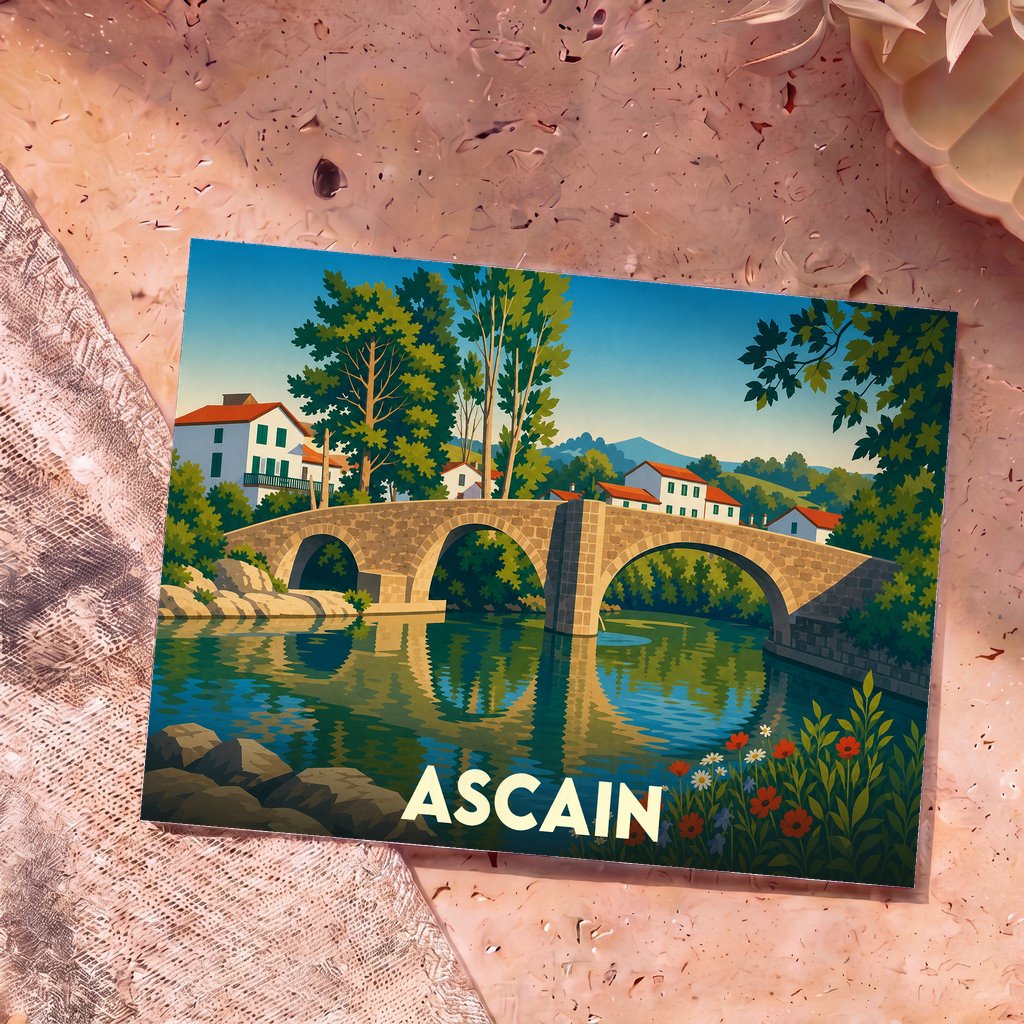 Carte postale souvenir de la ville d'Ascain avec une illustration stylisée d'un pont en pierre enjambant une rivière.