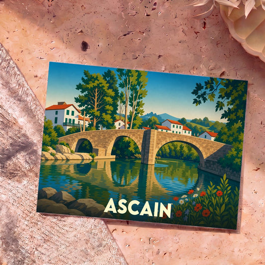 Carte postale souvenir de la ville d'Ascain avec une illustration stylisée d'un pont en pierre enjambant une rivière.
