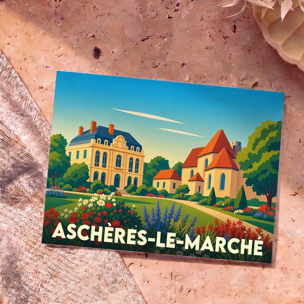 Carte postale souvenir de la ville d'Aschères-le-Marché avec une illustration stylisée de son patrimoine architectural.