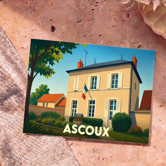Carte postale souvenir de la ville d'Ascoux avec une illustration stylisée d'une maison traditionnelle française.
