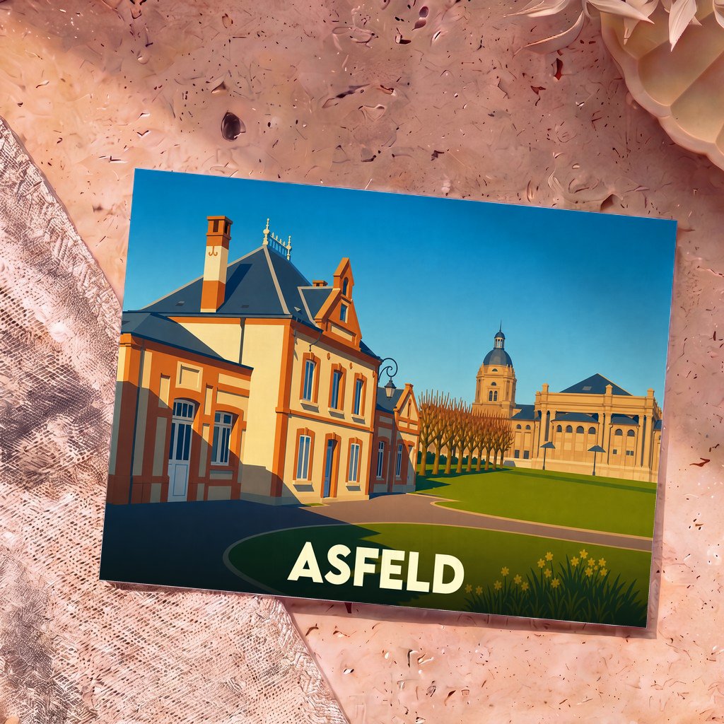 Carte postale souvenir de la ville d'Asfeld illustrant ses monuments historiques dans un style graphique épuré.