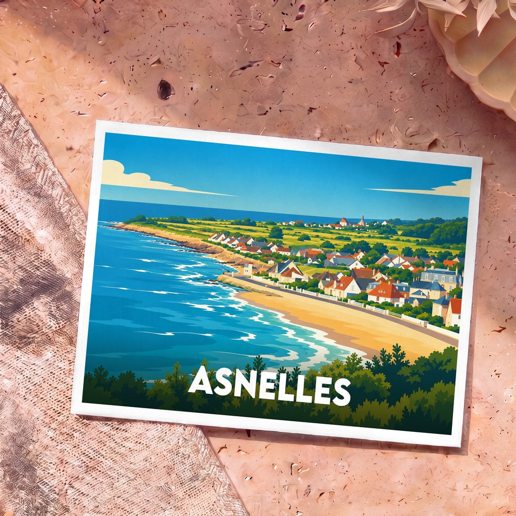 Carte postale souvenir de la ville d'Asnelles avec une illustration stylisée de son littoral et de ses habitations.