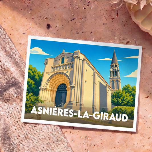 Carte postale souvenir de la ville d'Asnières-la-Giraud avec une illustration stylisée de son église romane.