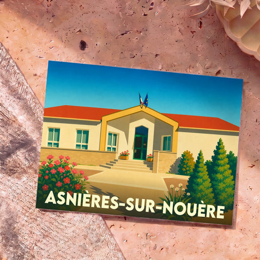 Carte postale souvenir de la ville d'Asnières-sur-Nouère avec une illustration stylisée de sa mairie.