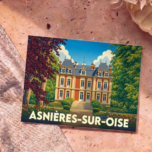 Carte postale souvenir d'Asnières-sur-Oise illustrant un château coloré entouré d'un jardin fleuri dans un style rétro.