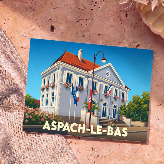 Carte postale souvenir de la ville d'Aspach-le-Bas avec une illustration stylisée de sa mairie.