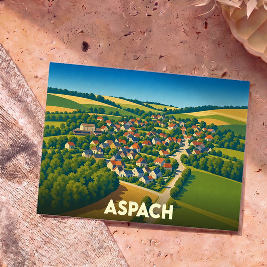 Carte postale souvenir de la ville d'Aspach avec une illustration stylisée de son paysage vallonné.