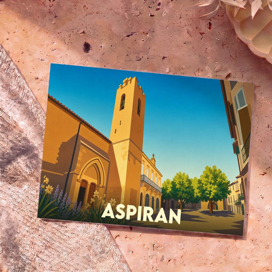 Carte postale souvenir de la ville de Aspiran illustrant son église et sa place ombragée dans un style graphique épuré.