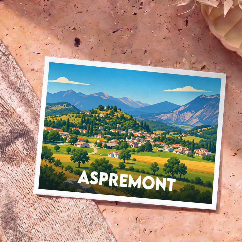 Carte postale souvenir d'Aspremont illustrant un village de montagne pittoresque dans un style graphique épuré.