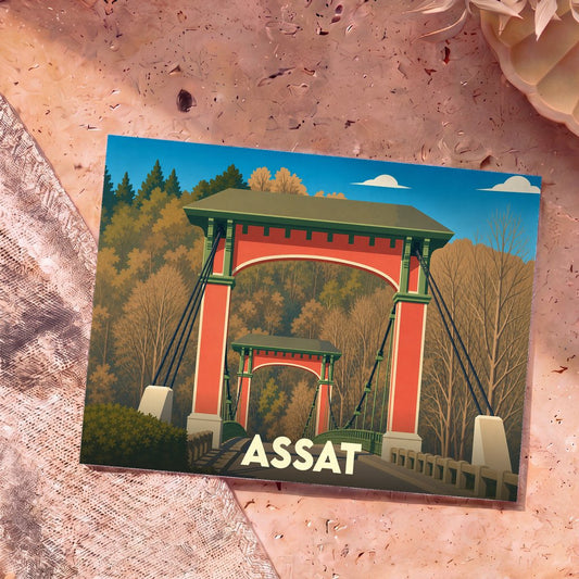 Carte postale souvenir de la commune d'Assat illustrant son pont suspendu emblématique dans un style graphique rétro.