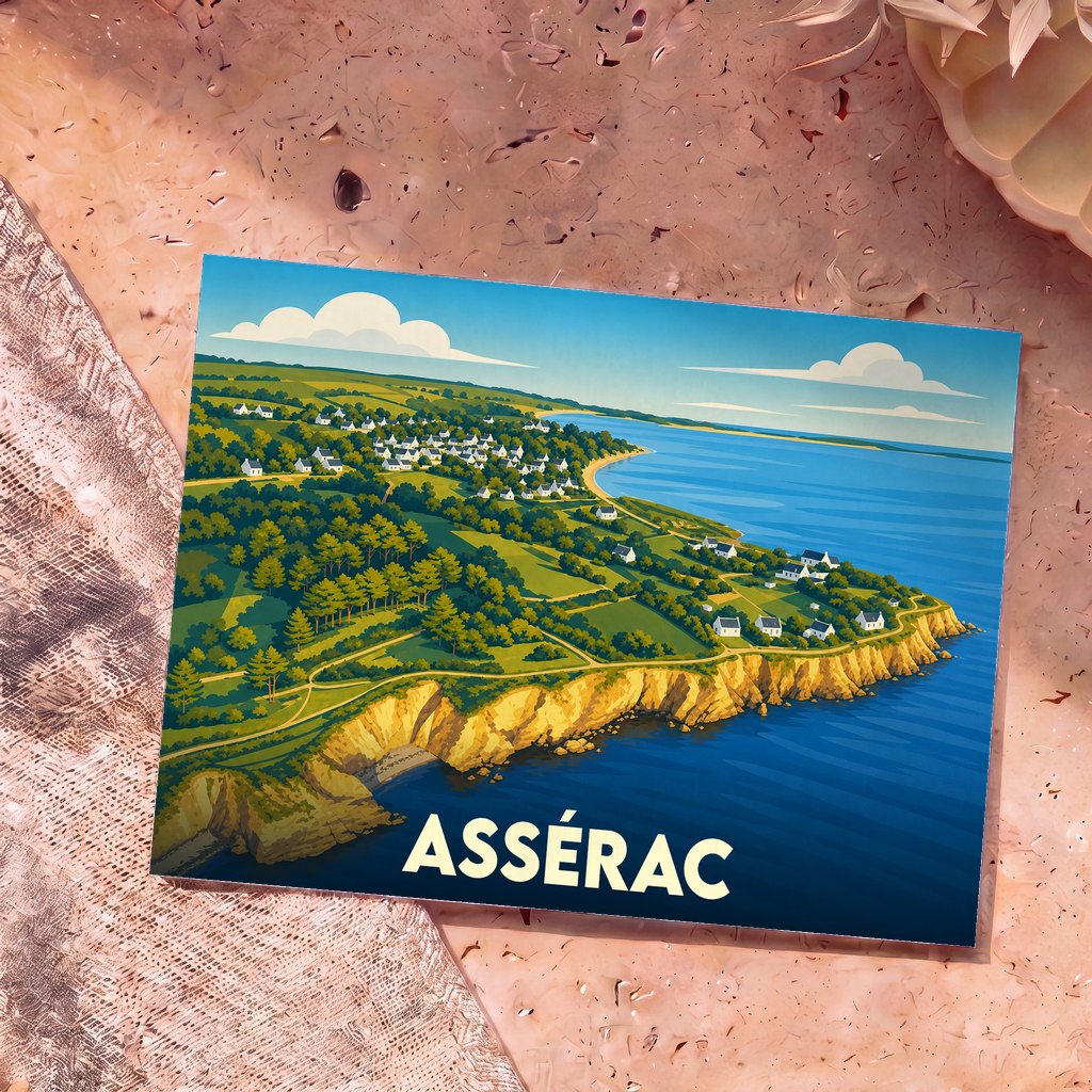 Carte postale souvenir de la ville d'Assérac illustrant sa côte sauvage et ses falaises dans un style graphique épuré.
