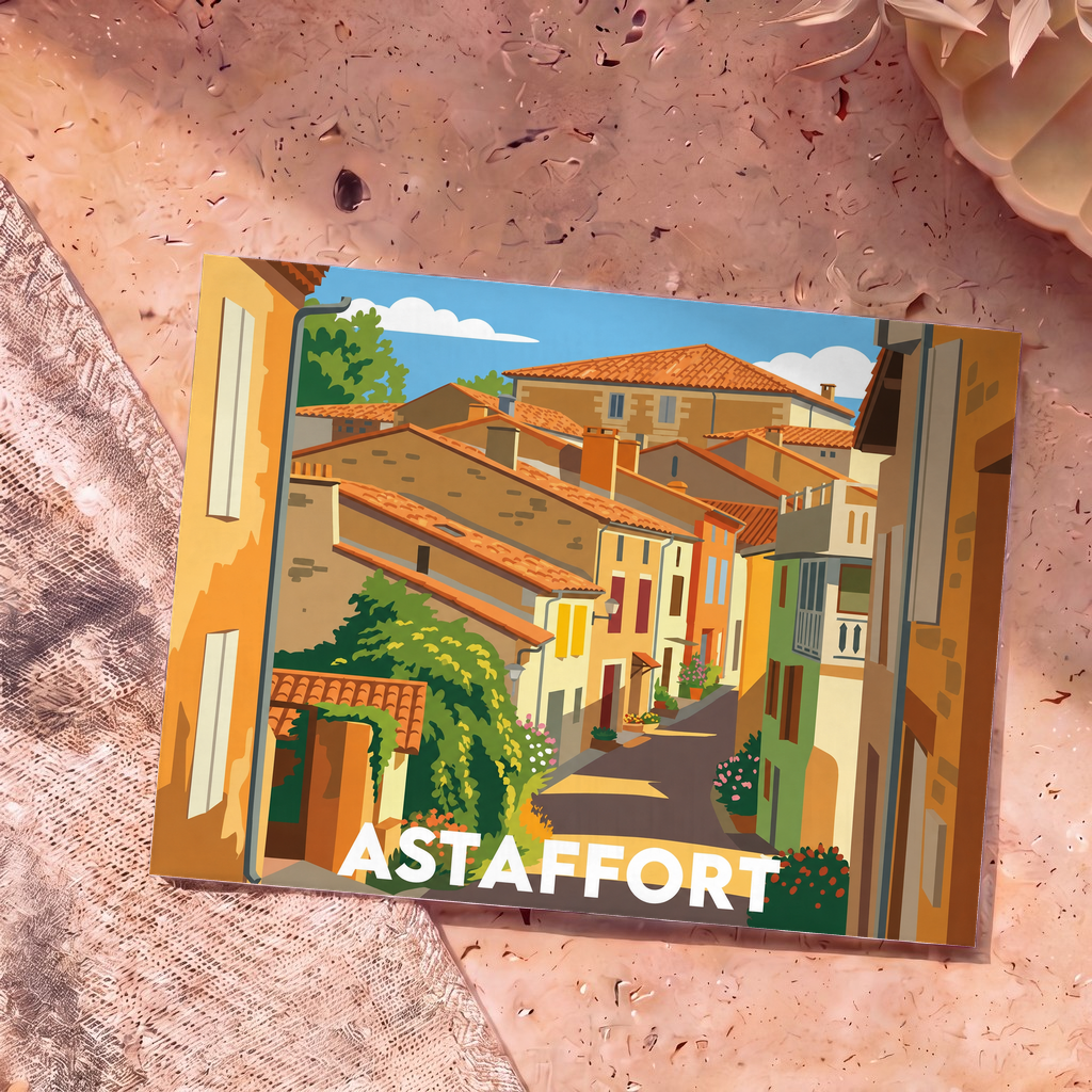 Carte postale souvenir de la ville d'Astaffort illustrant ses ruelles ensoleillées dans un style graphique épuré.