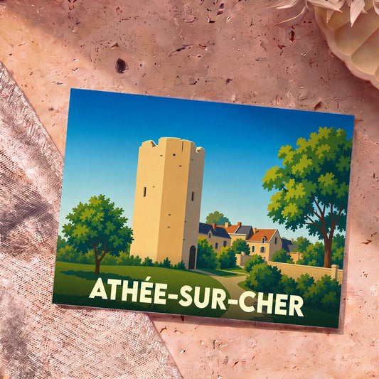 Carte postale souvenir de la ville d'Athée-sur-Cher avec une illustration stylisée de sa tour médiévale.
