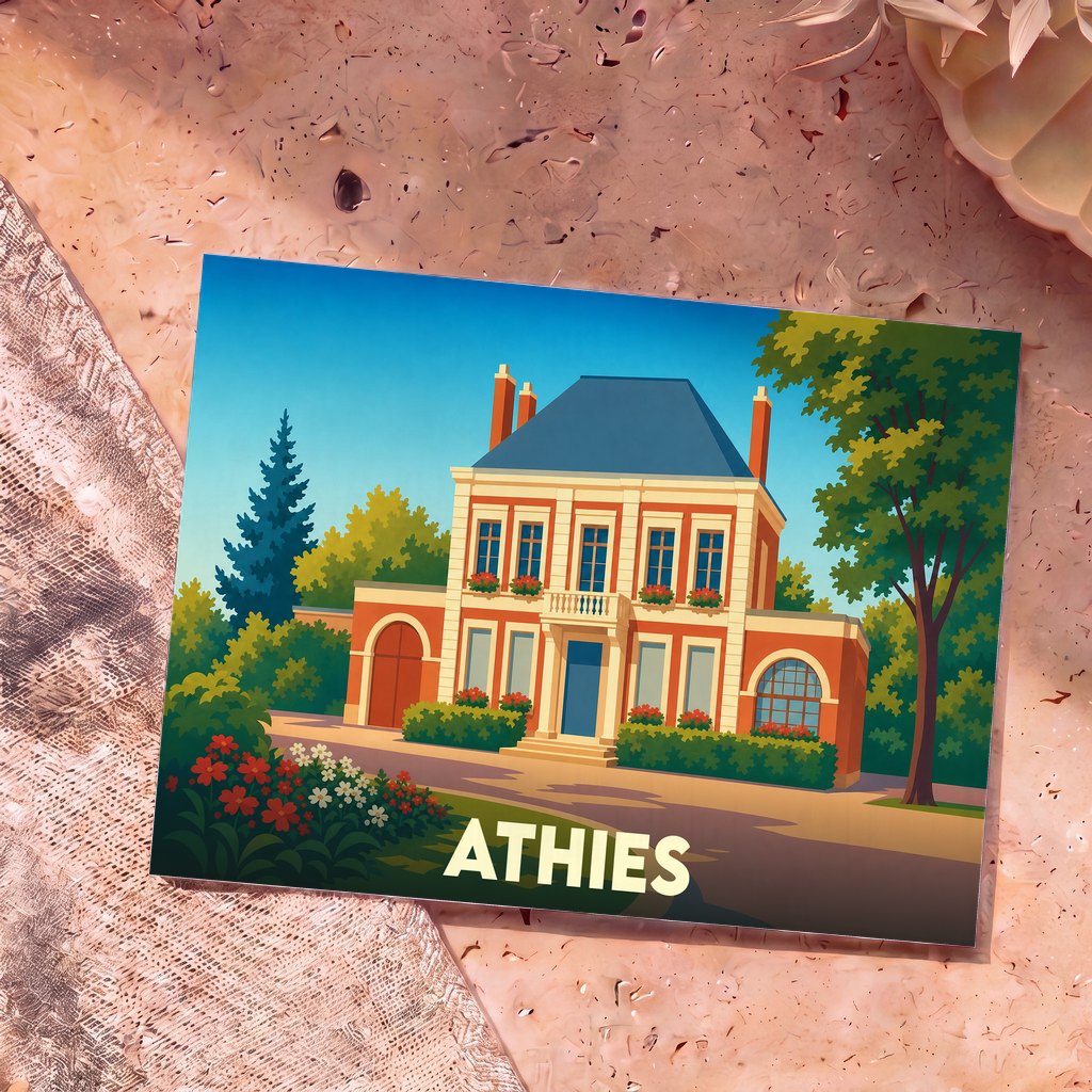 Carte postale souvenir de la ville d'Athies représentant une grande demeure illustrée dans un style graphique et coloré.