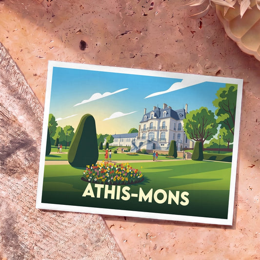 Carte postale souvenir de la ville d'Athis-Mons illustrant son château et ses jardins dans un style graphique épuré.