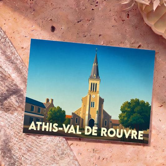 Carte postale souvenir d'Athis-Val de Rouvre représentant l'église de la ville avec une illustration stylisée.