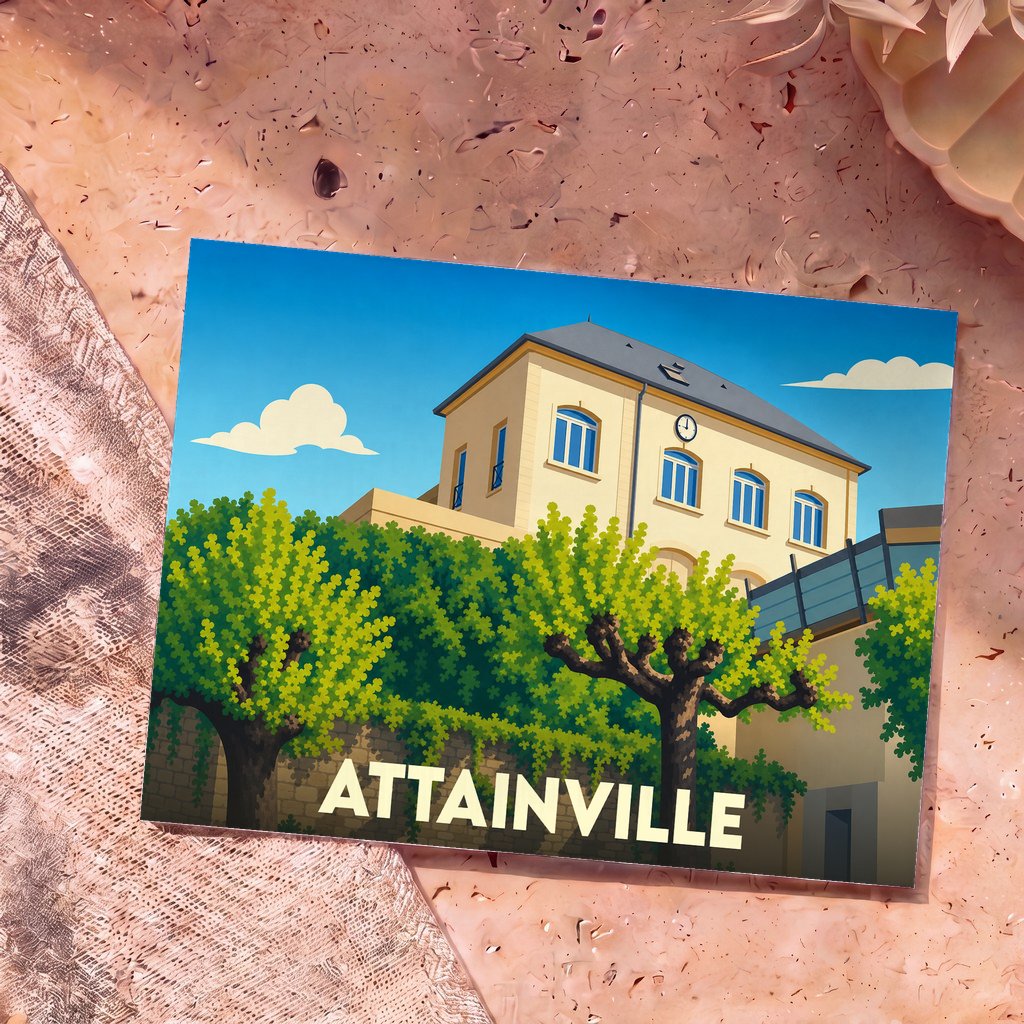 Carte postale souvenir de la ville de Attainville avec une illustration stylisée de sa mairie.