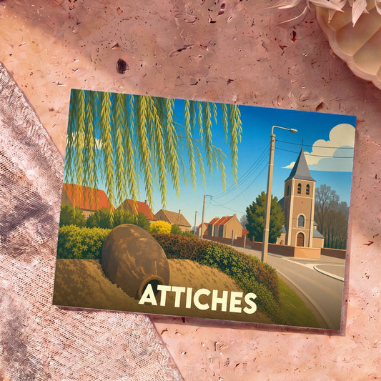 Carte postale souvenir de la ville d'Attiches avec une illustration stylisée montrant son église et ses paysages ruraux.