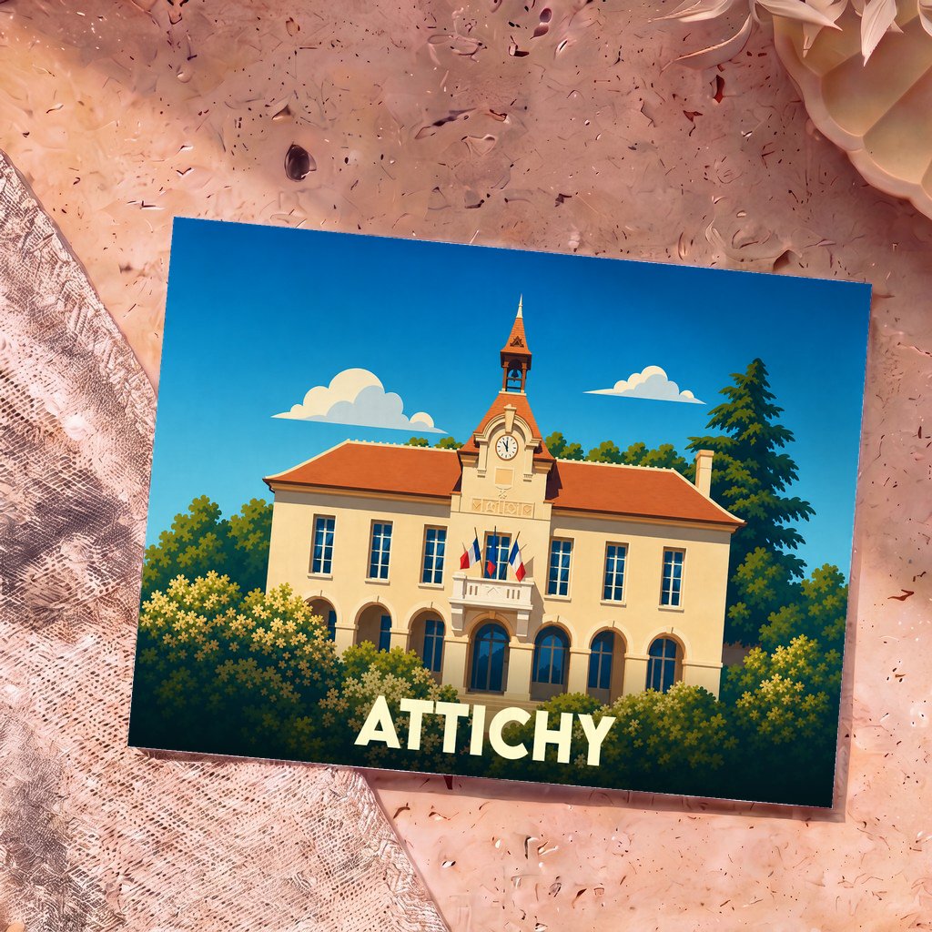 Carte postale souvenir de la ville d'Attichy avec une illustration stylisée de sa mairie.