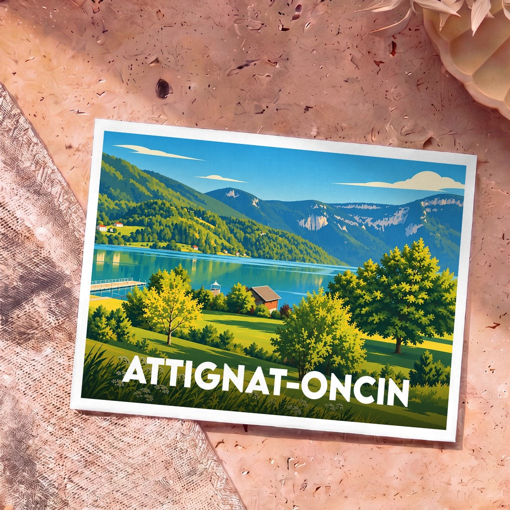 Carte postale souvenir de la commune d'Attignat-Oncin avec une illustration stylisée du lac d'Aiguebelette.
