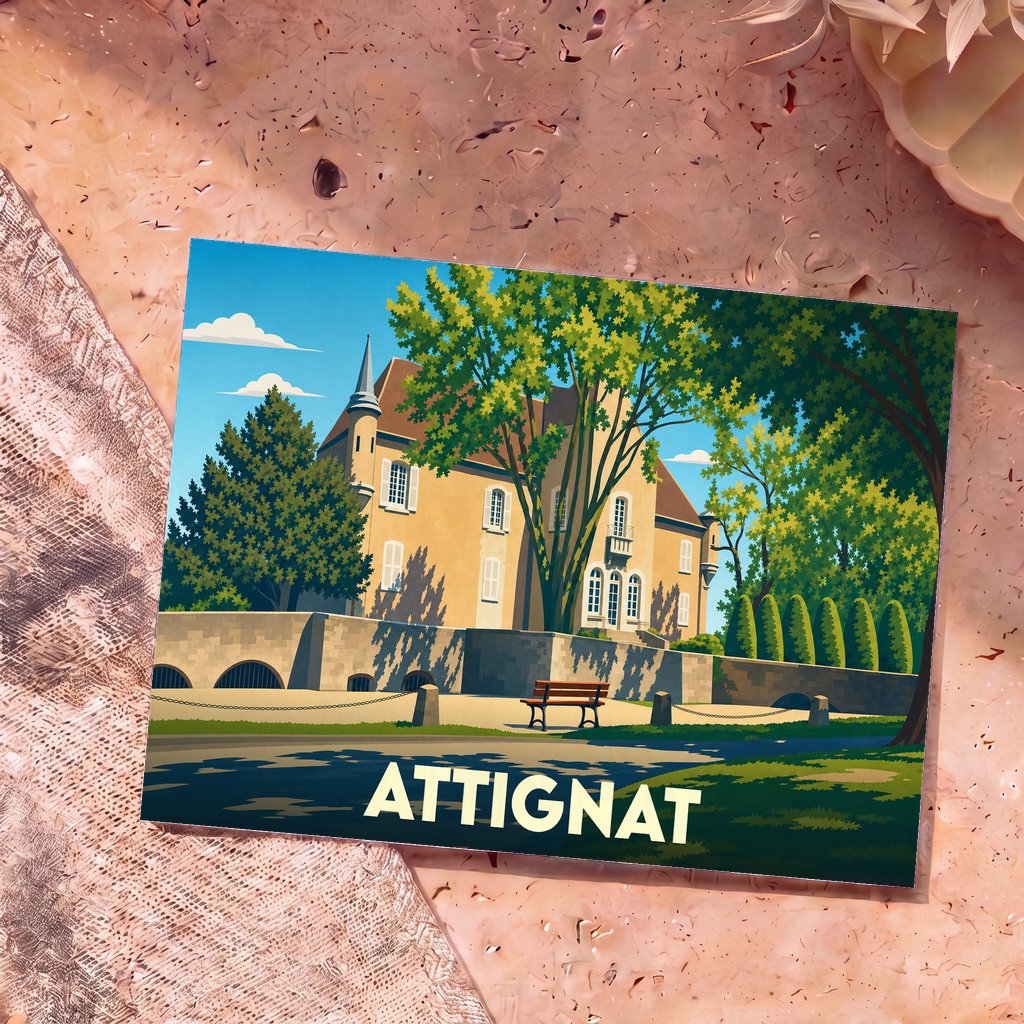 Carte postale souvenir de la ville d'Attignat avec une illustration stylisée d'un château entouré de verdure.