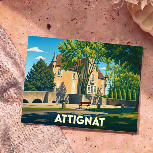 Carte postale souvenir de la ville d'Attignat présentant une illustration stylisée de son château sous un ciel bleu ensoleillé.