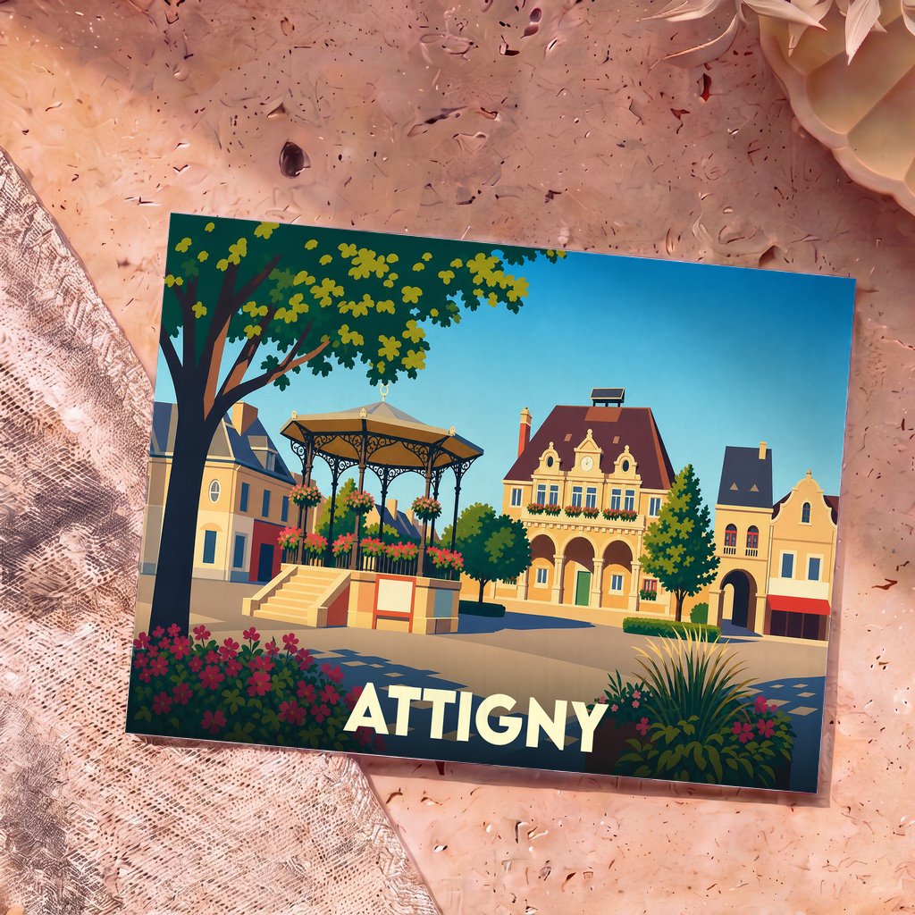 Carte postale souvenir de la ville d'Attigny présentant une illustration stylisée de sa place principale avec son kiosque à musique.
