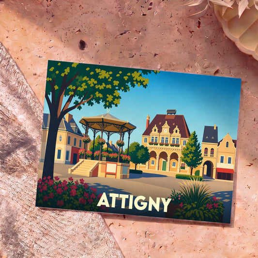 Carte postale souvenir de la ville d'Attigny présentant une illustration stylisée de sa place principale avec son kiosque à musique.