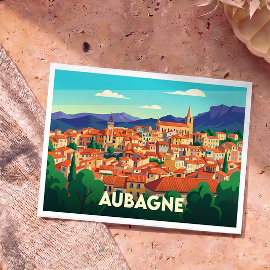 Carte postale souvenir de la ville d'Aubagne avec une illustration stylisée et colorée de ses toits provençaux.