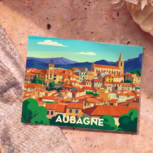 Carte postale souvenir de la ville d'Aubagne avec une illustration stylisée et colorée de son centre historique.