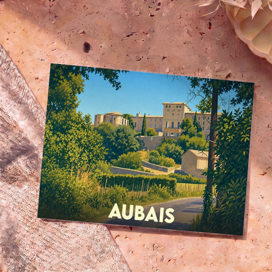 Carte postale souvenir de la ville d'Aubais avec une illustration stylisée de son château et de sa végétation.