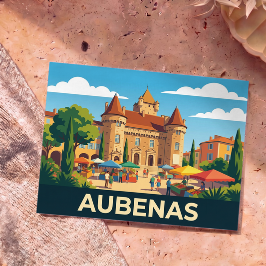 Carte postale souvenir de la ville d'Aubenas illustrant son château et son marché dans un style coloré et épuré.
