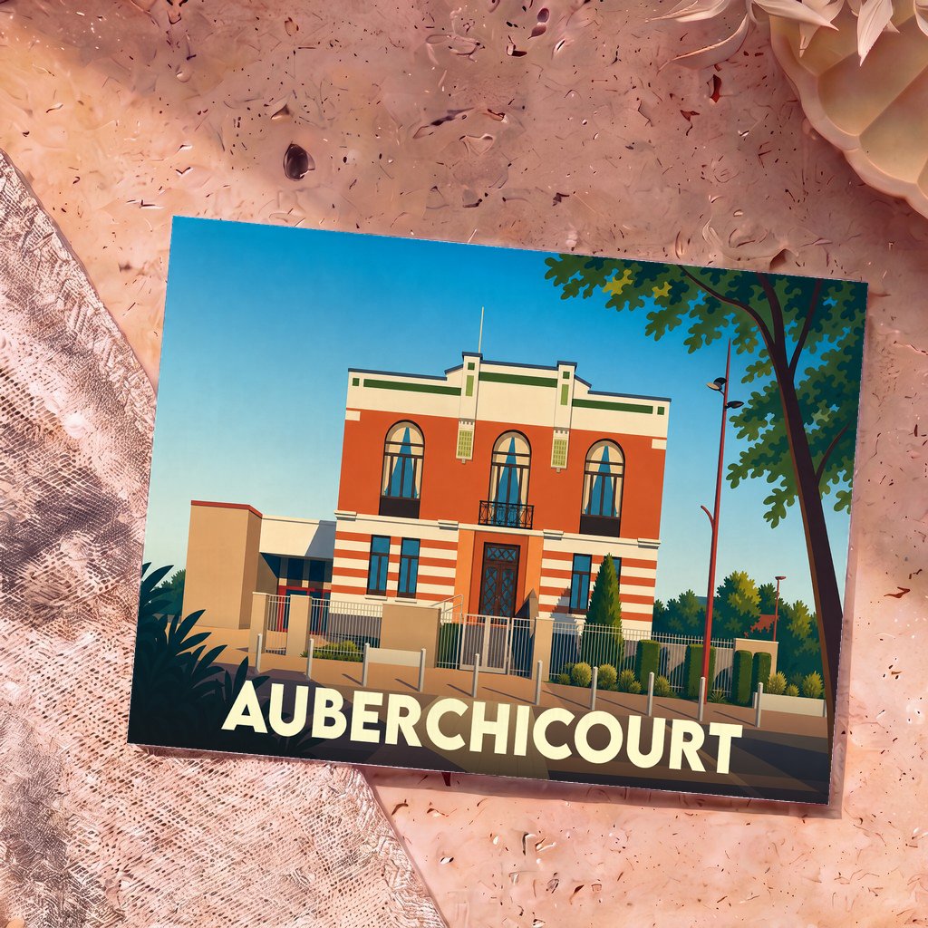 Carte postale souvenir de la ville d'Auberchicourt illustrant son hôtel de ville avec un style graphique épuré.